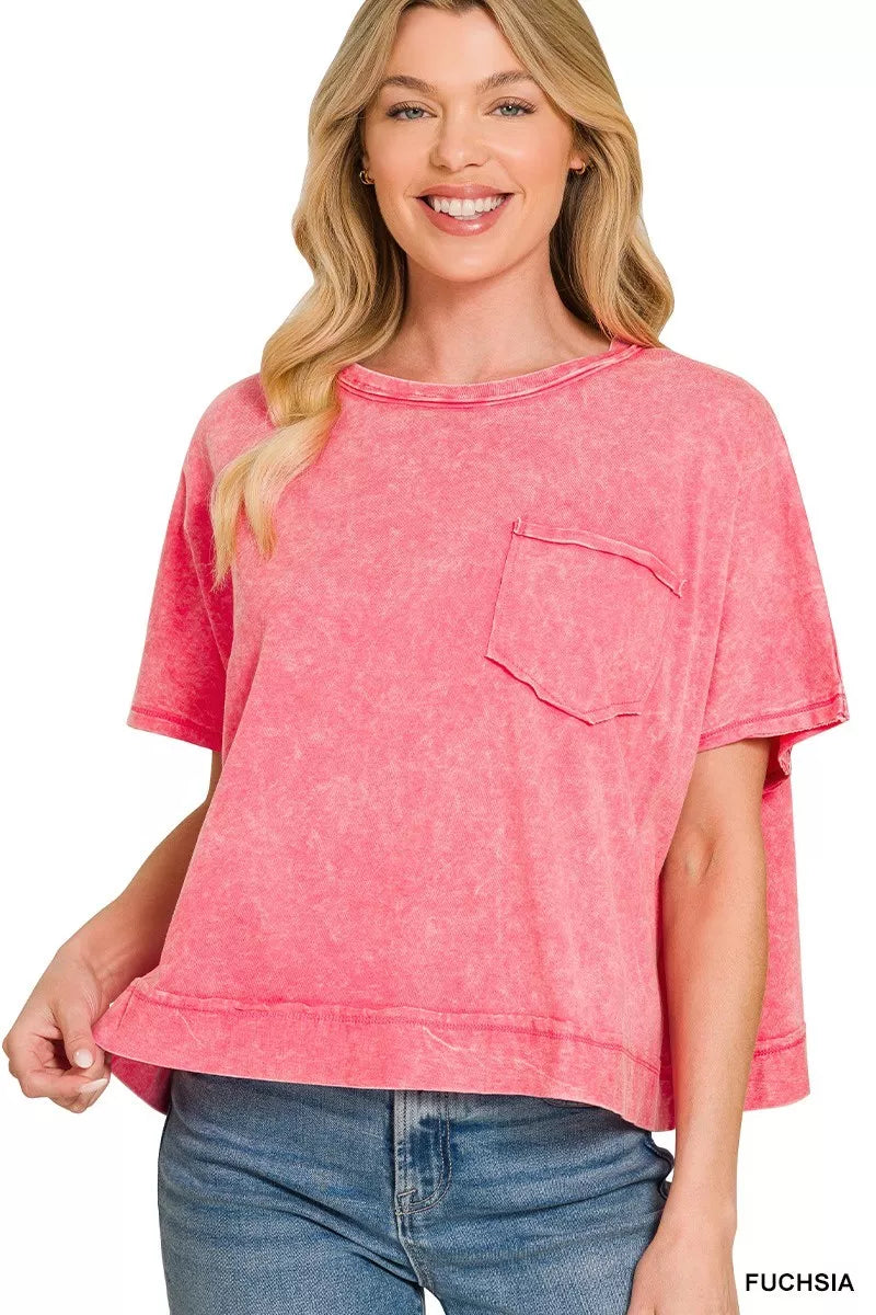 Acid wash oversized short sleeve tee with chest pocket