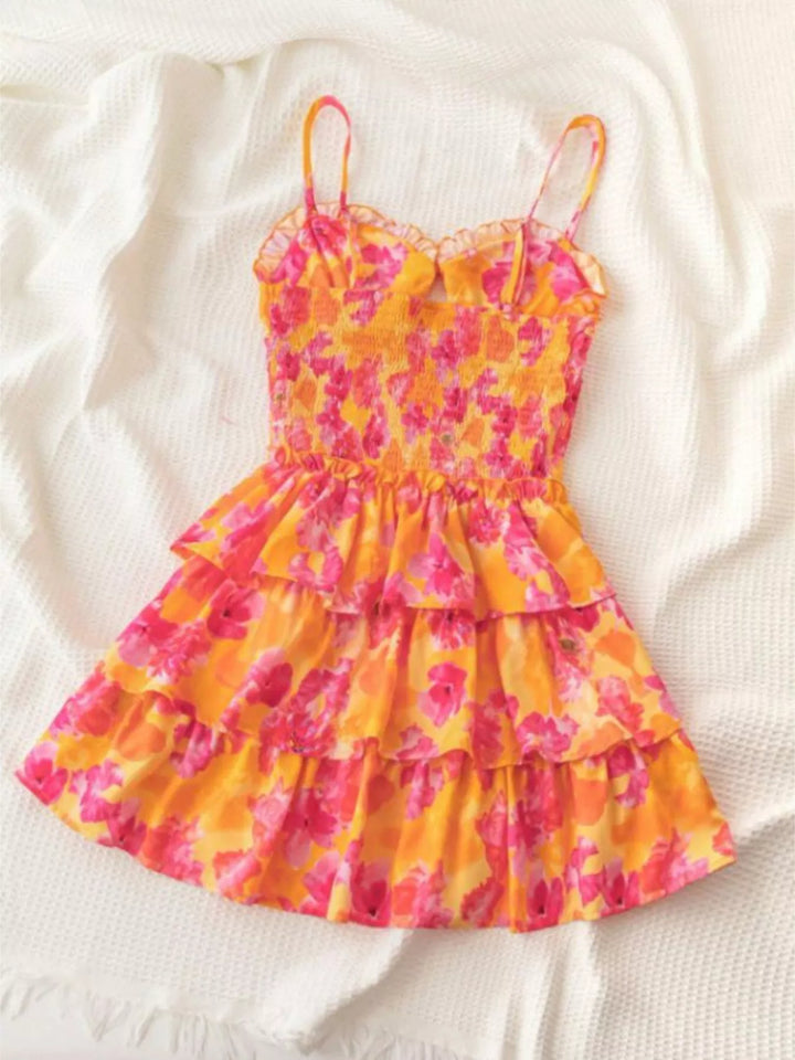 Floral print cutout mini dress with tiered ruffle skirt