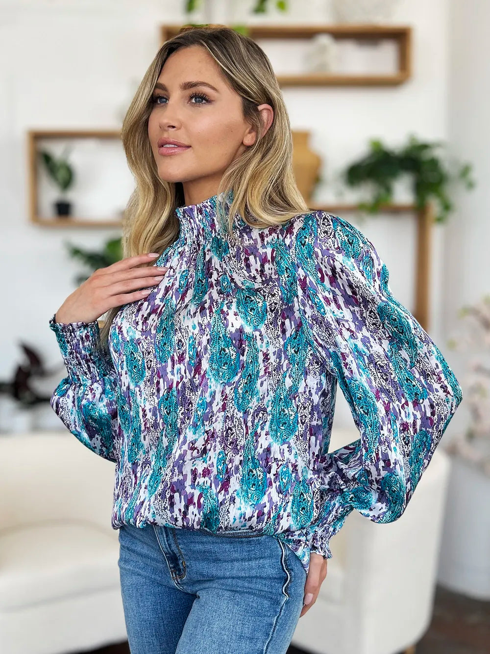 Printed smocked frill mock neck long sleeve blouse