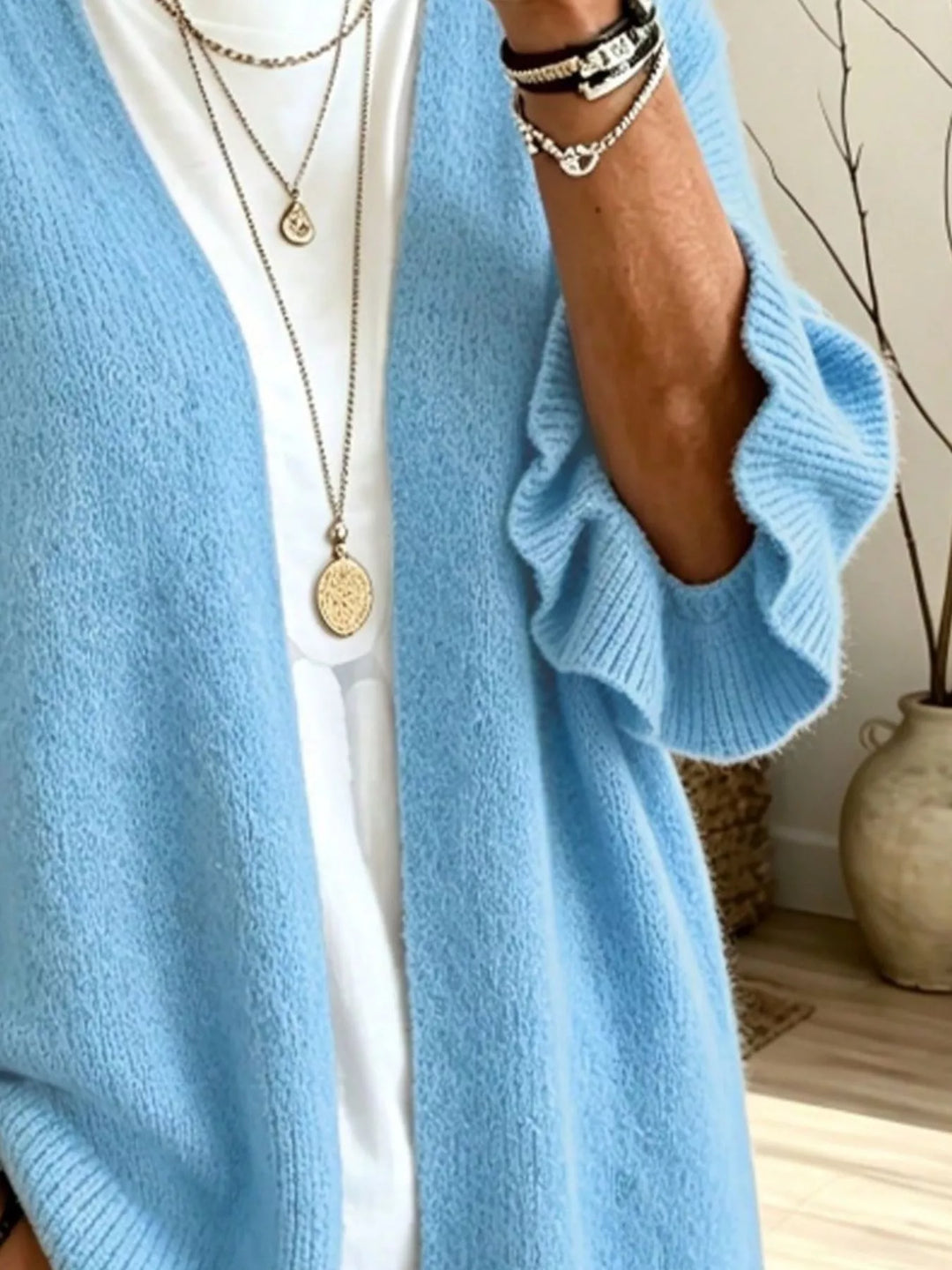 Ruffle bell sleeve open-front knit cardigan