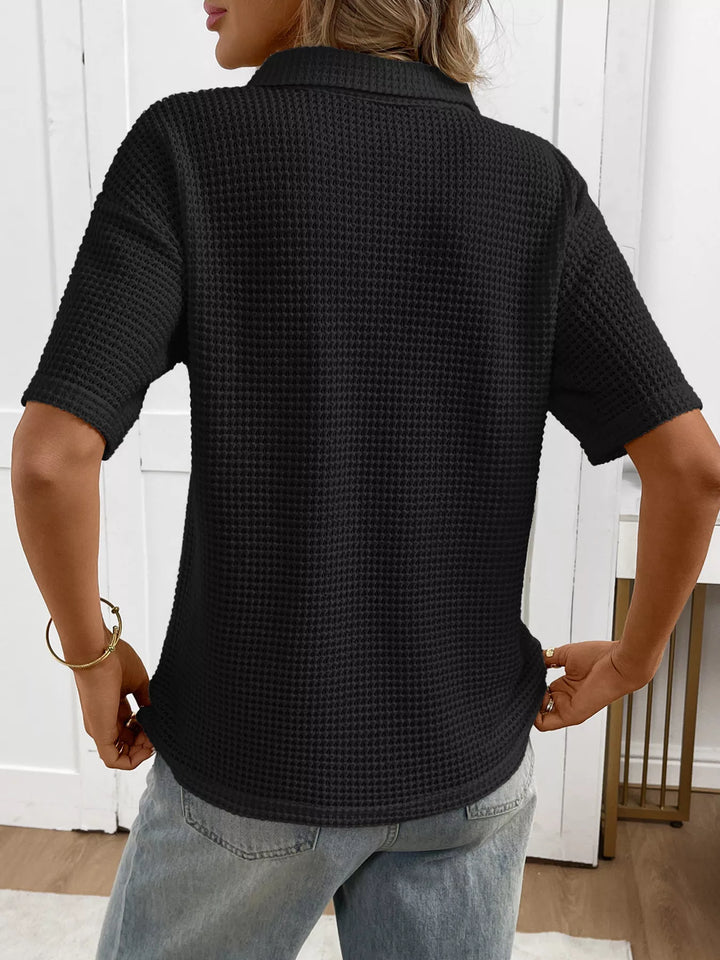 Striped waffle-knit collared short sleeve top