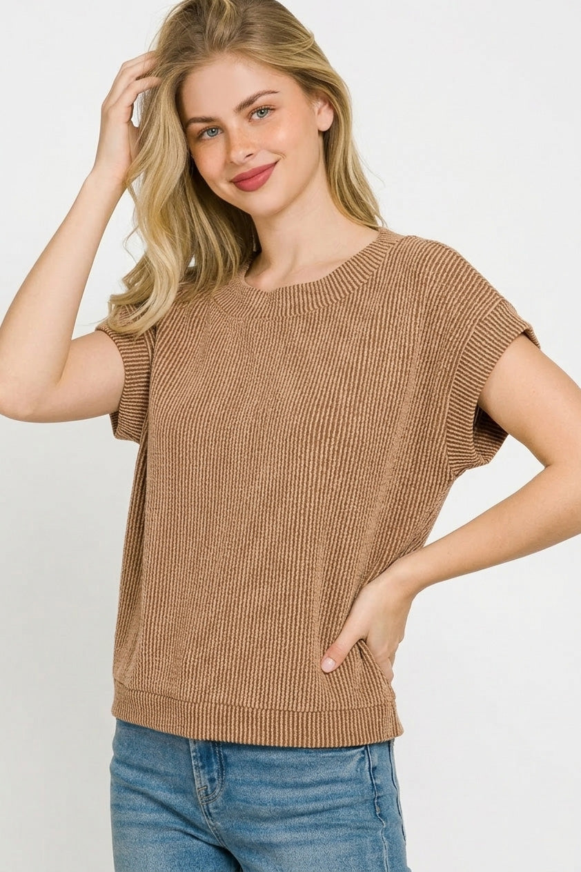 Raised rib knit cap sleeve top with crew neck