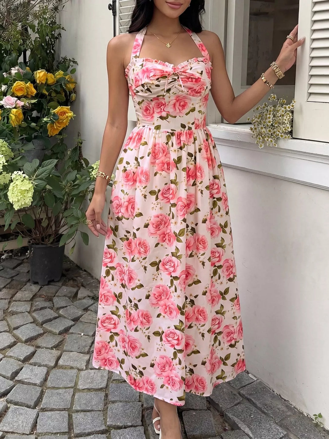 Rose print halter neck midi dress with smocked bodice