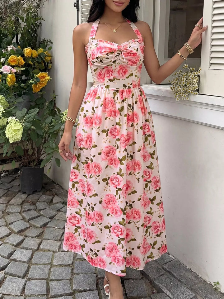 Rose print halter neck midi dress with smocked bodice