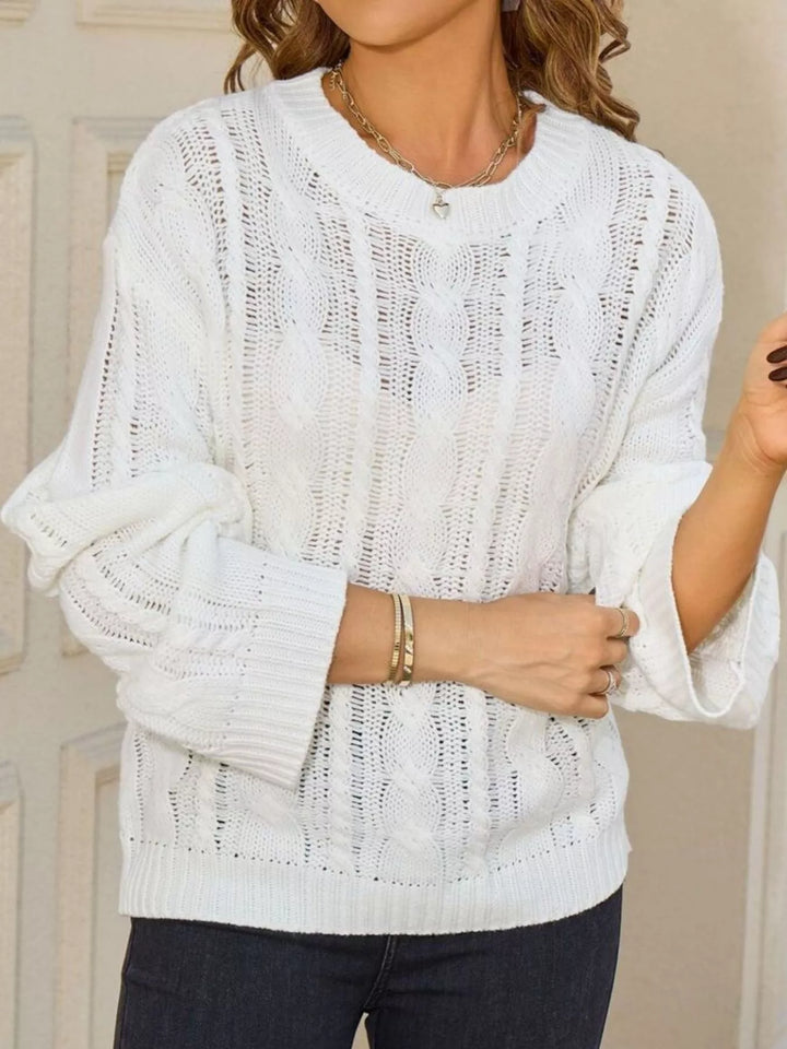 Openwork cable knit long sleeve crew neck sweater