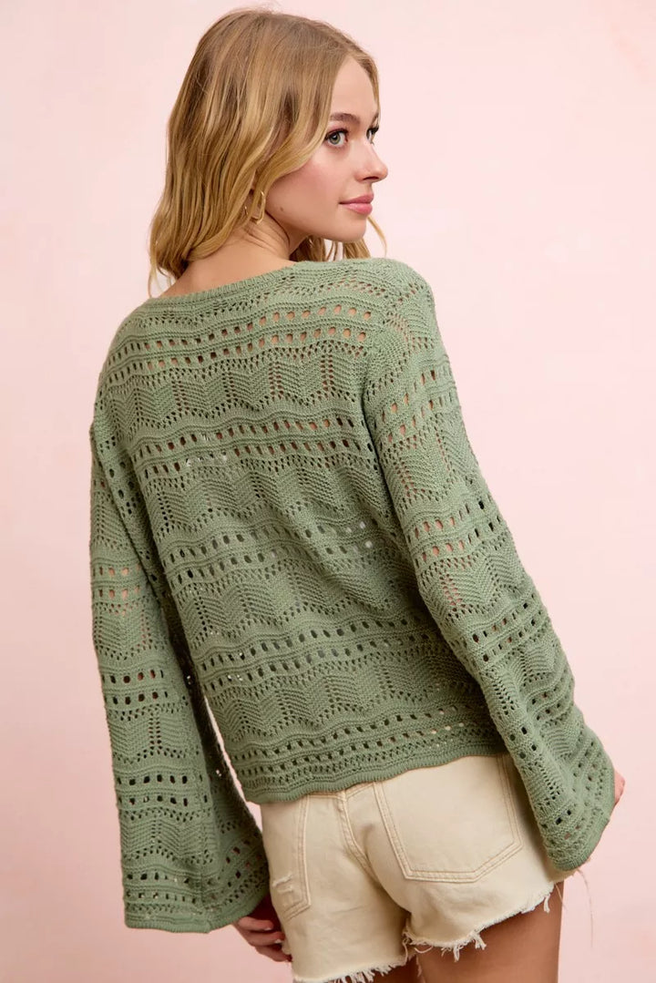 Long sleeve pointelle knit V-neck top with ruched front