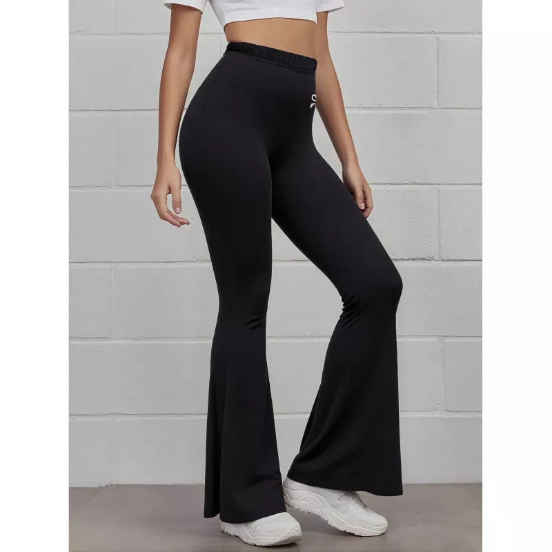 Black High-rise flare active pants with embroidered bow