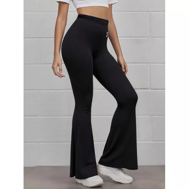 Black High-rise flare active pants with embroidered bow
