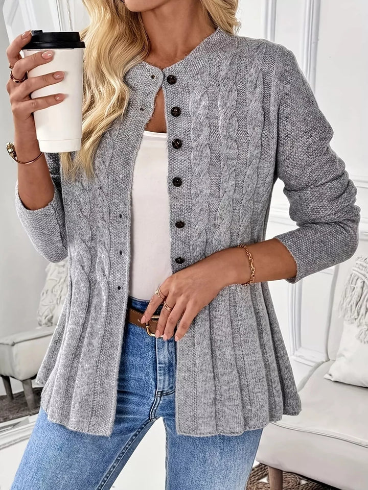 Grey Cable knit button-up cardigan with peplum hem