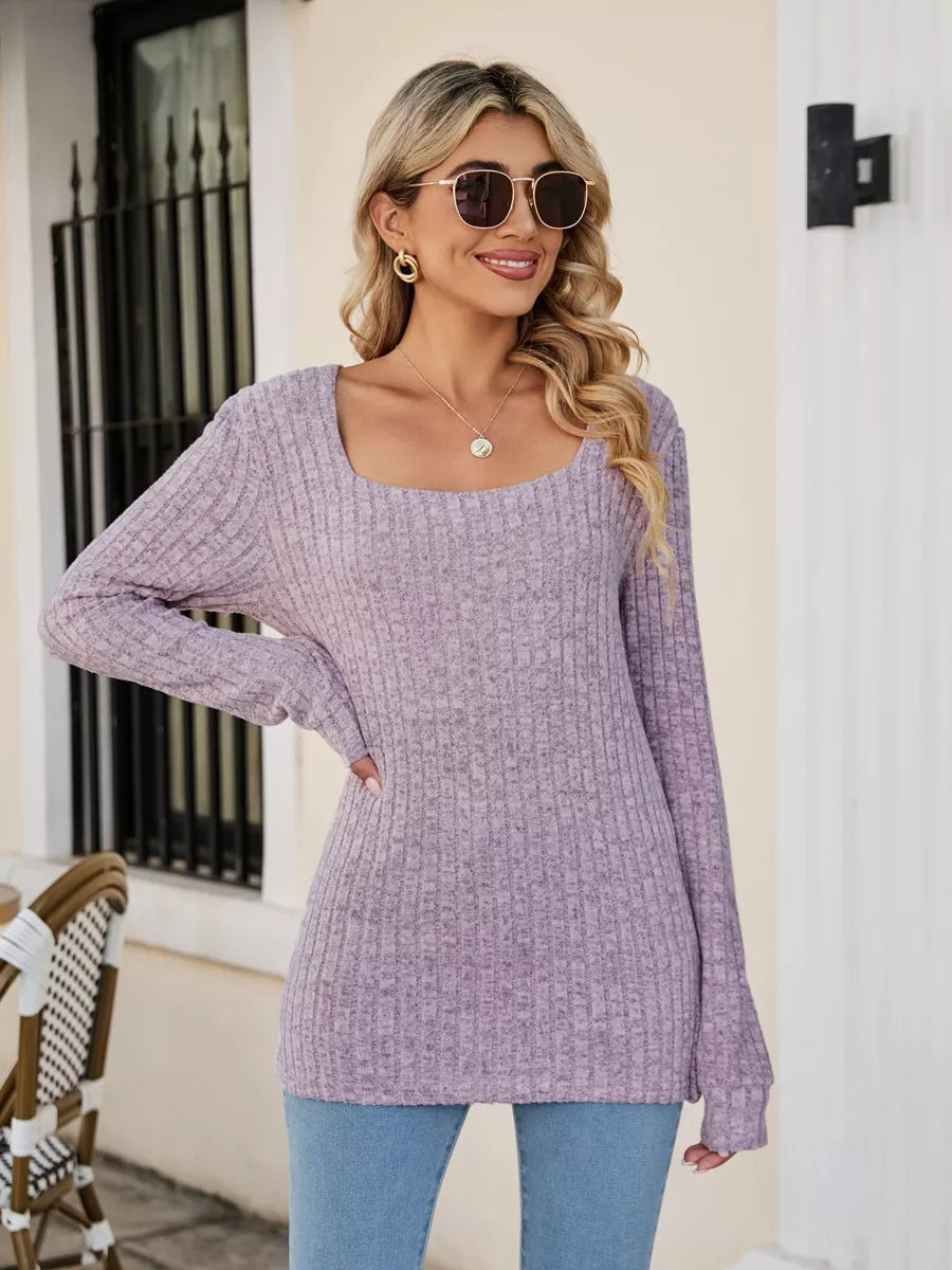 Lilac Fitted ribbed square neck long sleeve top