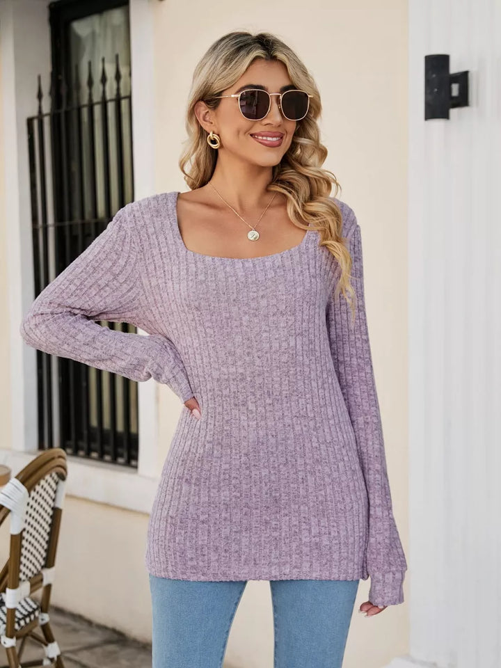 Lilac Fitted ribbed square neck long sleeve top