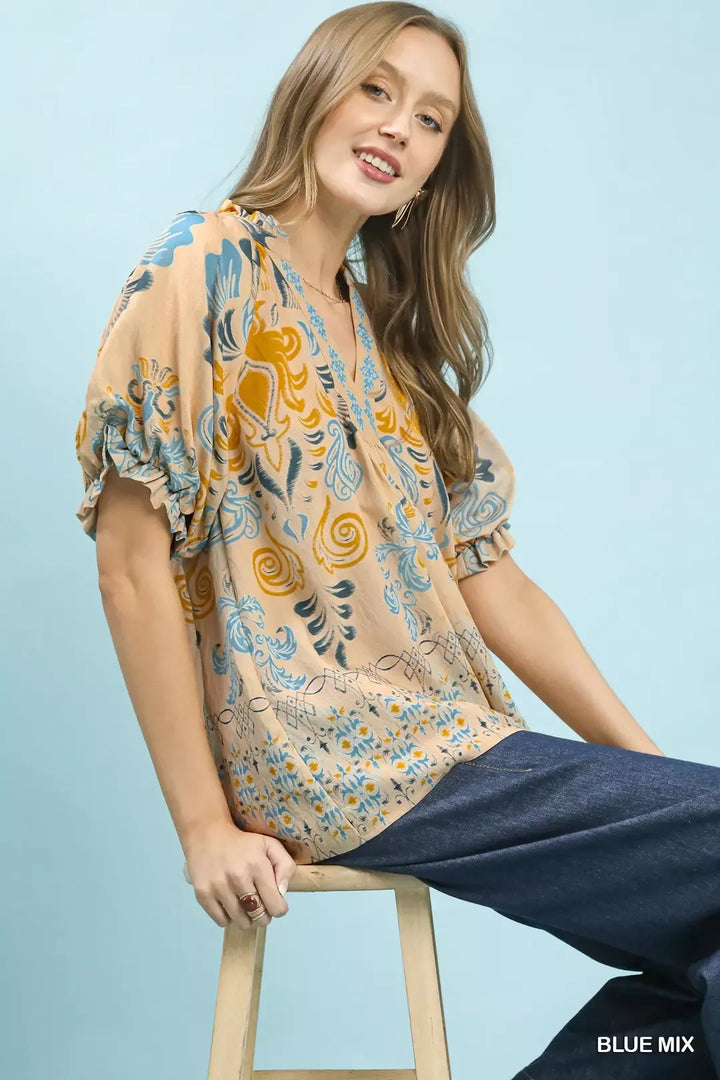 Border print puff sleeve v-neck blouse with embroidered placket