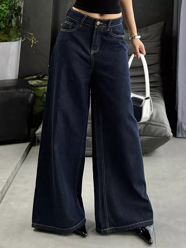 Blue High-rise wide leg jeans with contrast topstitching