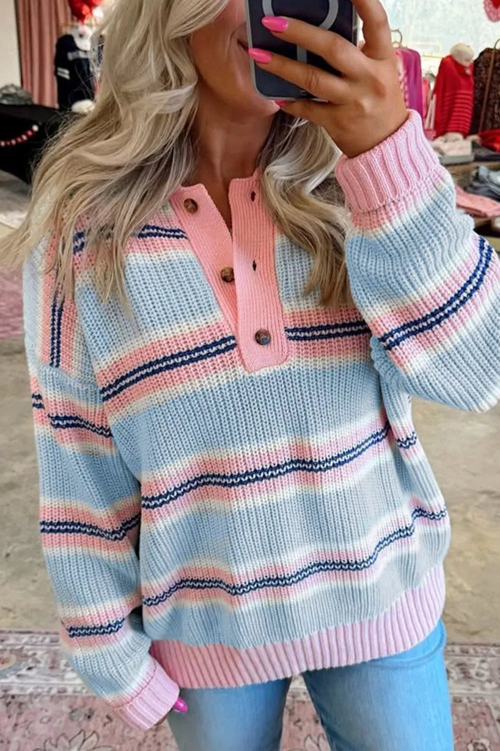 Striped ribbed knit button-collar pullover sweater