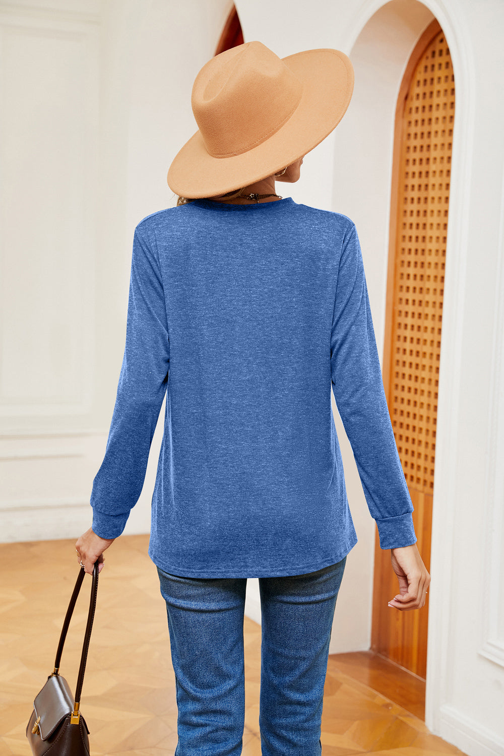 Notch neck long sleeve top with button placket