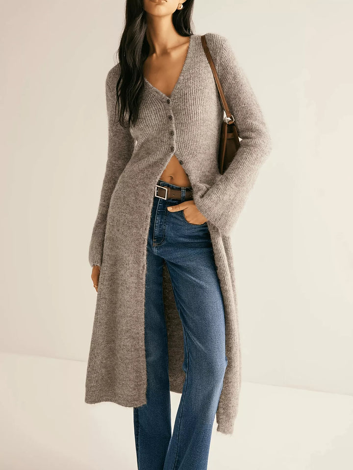 Mocha Ribbed knit longline button-down cardigan with bell sleeves