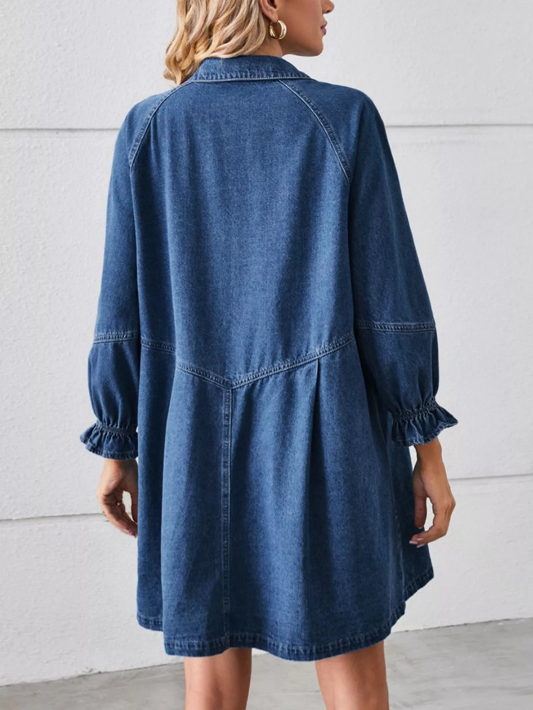 Button-down denim mini dress with ruffle cuffs