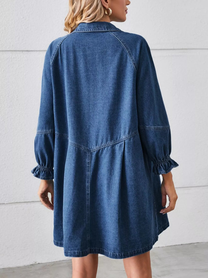 Button-down denim mini dress with ruffle cuffs