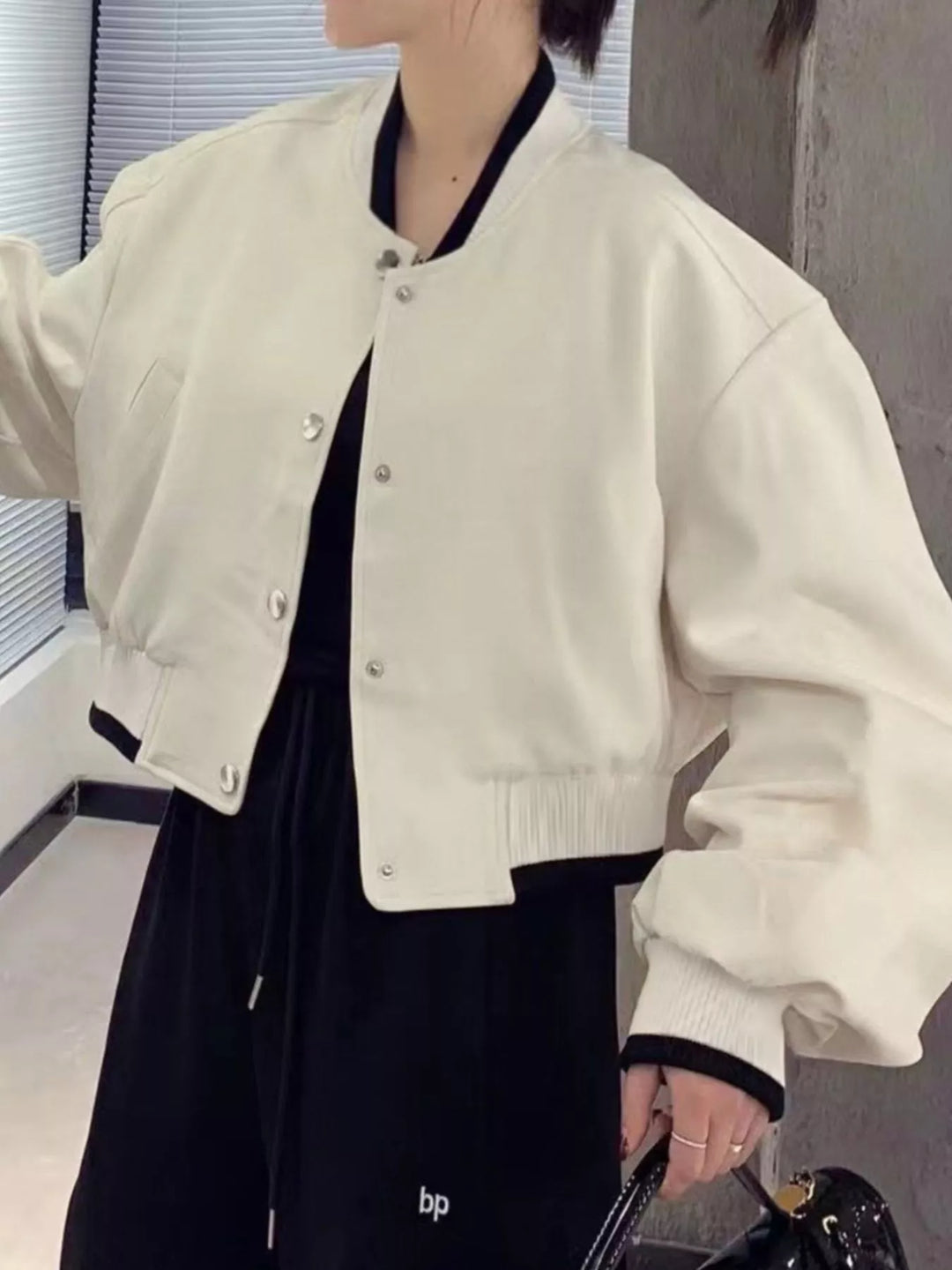 Apricot Cropped bomber jacket with snap front and ribbed contrast trim