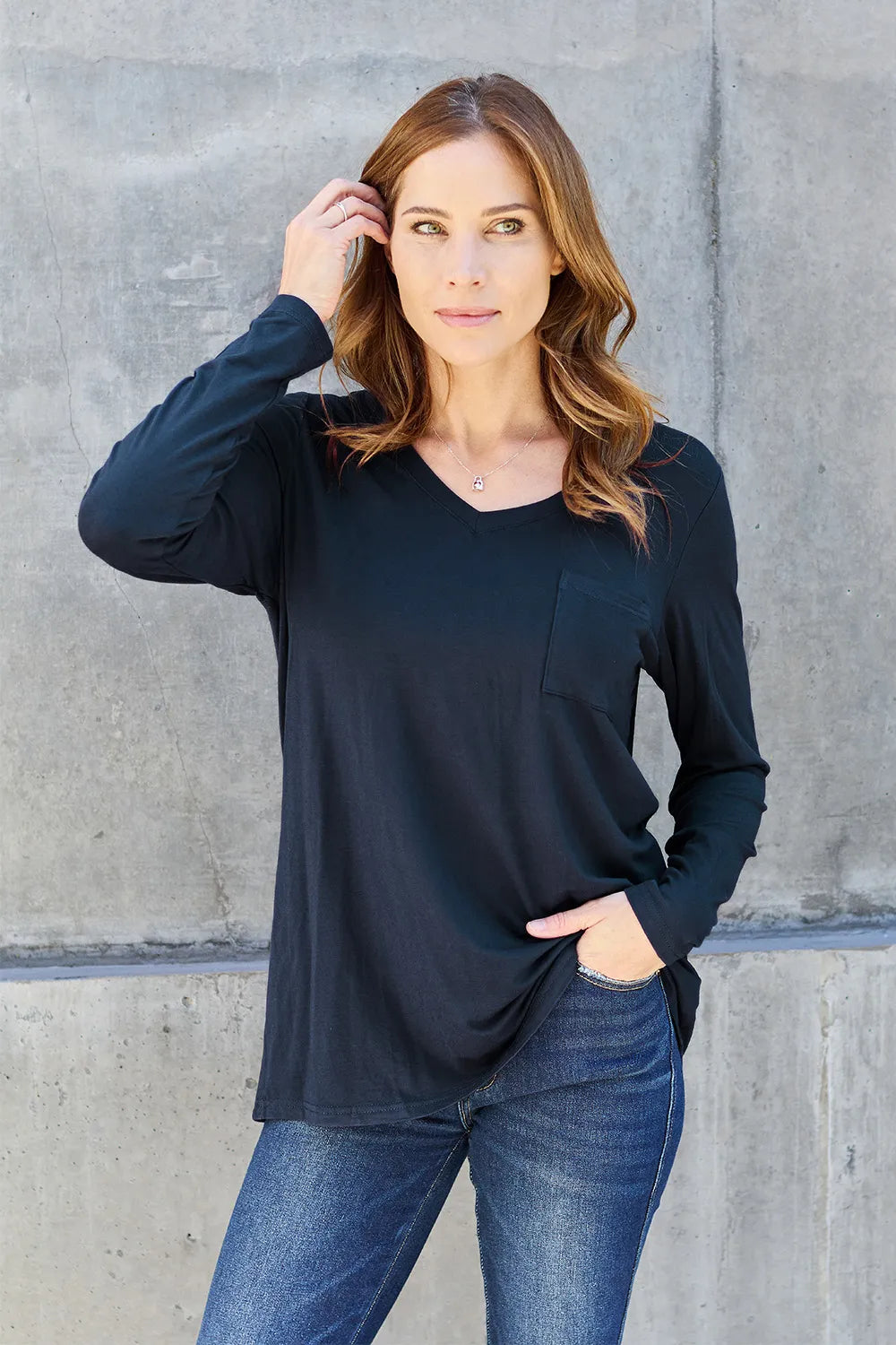 V-neck long sleeve top with chest pocket