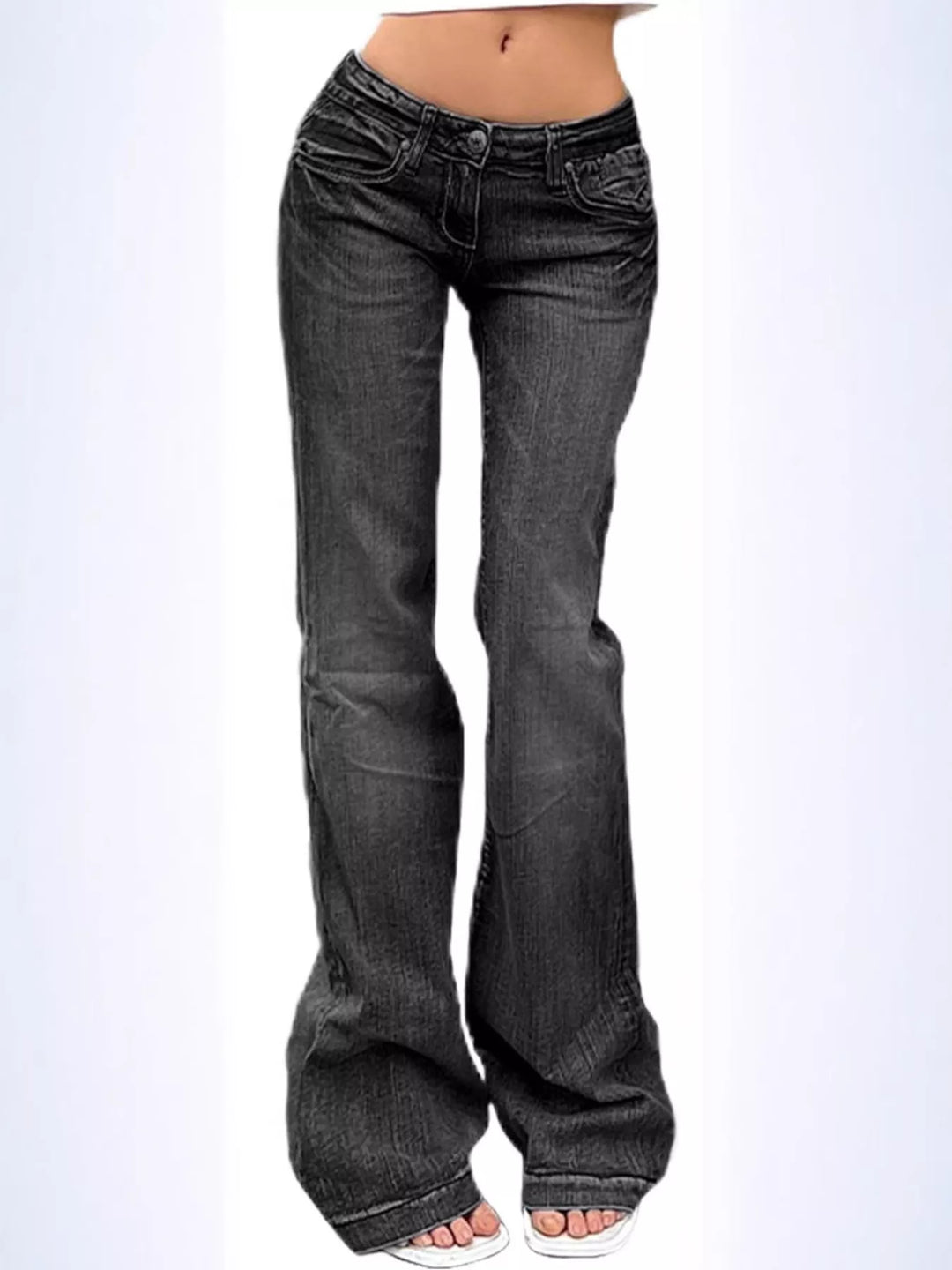 Black Low rise flare jeans with whiskered wash and full-length leg