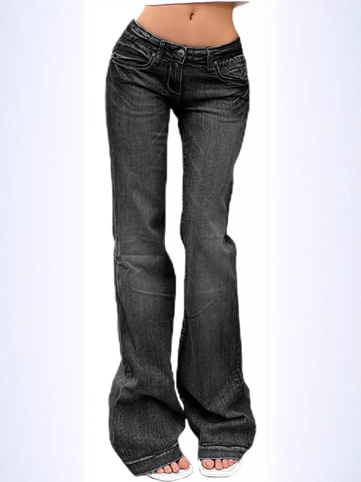 Black Low rise flare jeans with whiskered wash and full-length leg