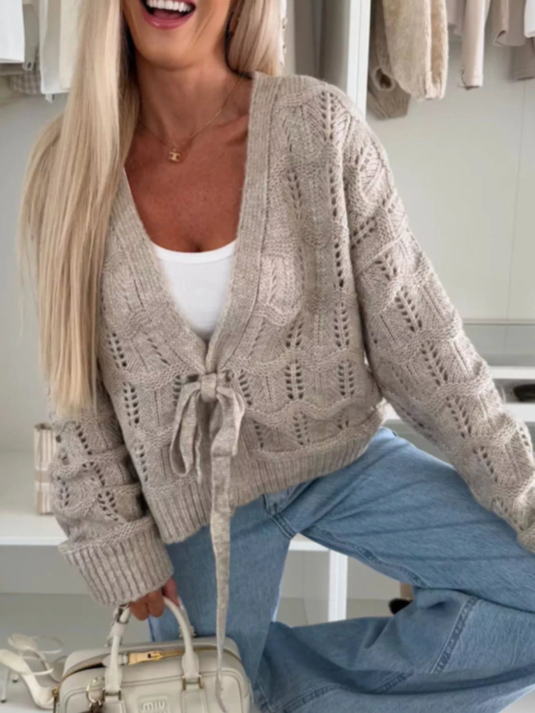 Openwork tie-front cropped knit cardigan