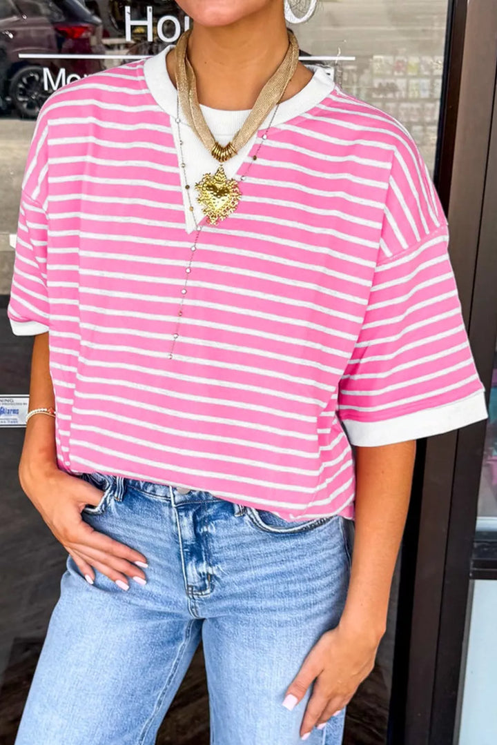 Pink Striped drop-shoulder crew neck loose top with contrast cuffs