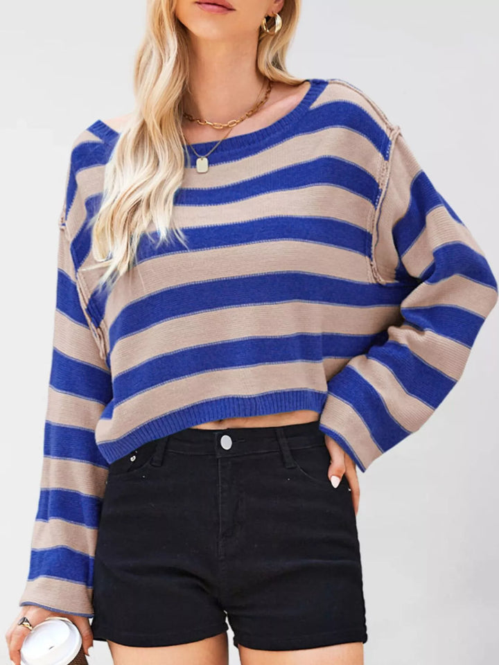 Striped oversized boat neck cropped sweater with exposed seams