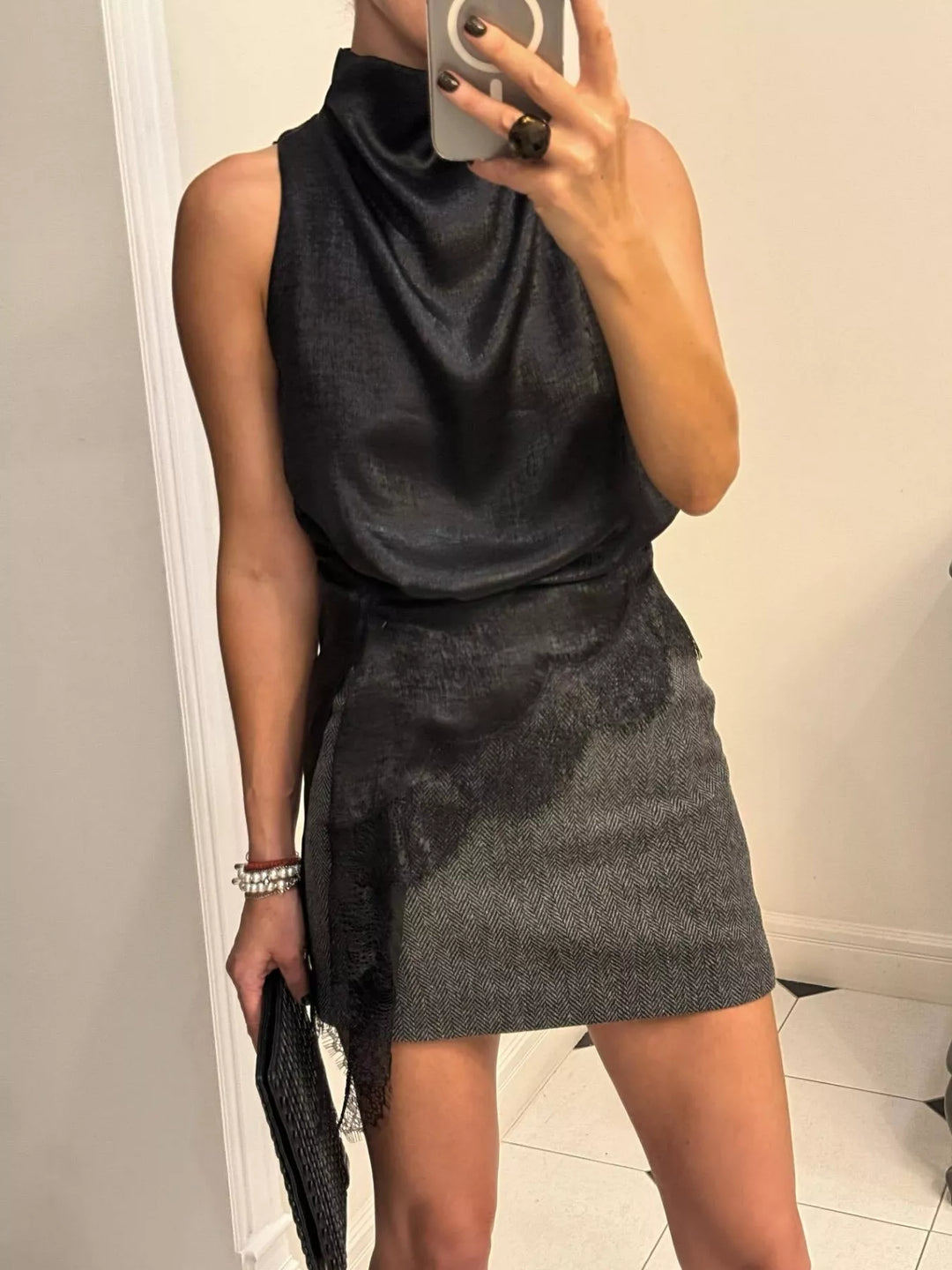 Asymmetric lace-hem satin cami with high cowl neck