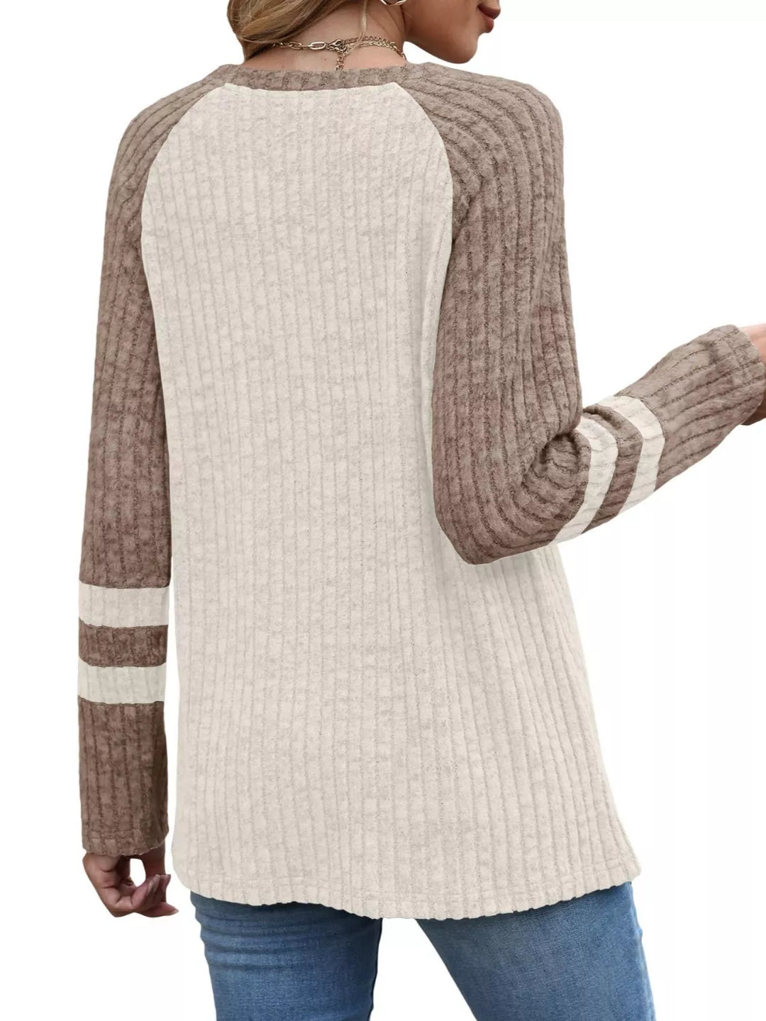 Ribbed knit raglan long sleeve top with varsity stripe sleeves