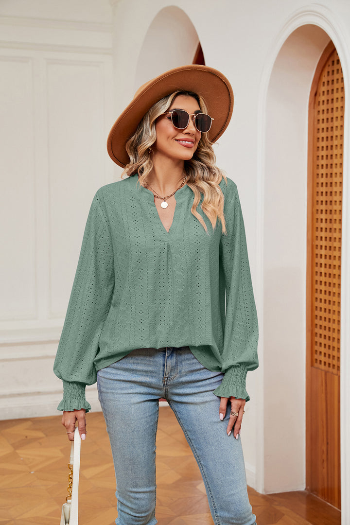 Eyelet notched-neck blouse with flounce sleeves