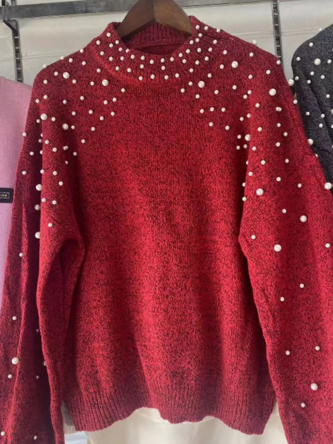 Pearl-embellished mock neck sweater with balloon sleeves