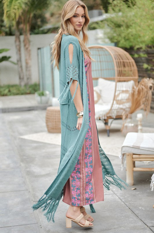 Solid Long Cardigan With Fringe - Azoroh