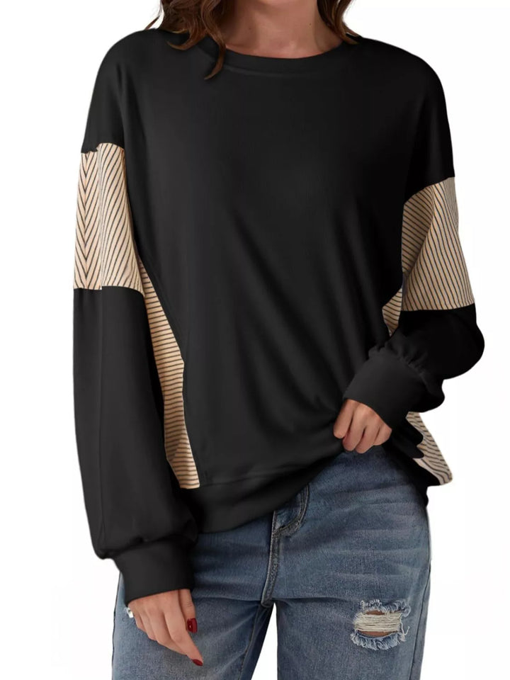 Color-block striped drop-shoulder crew neck sweatshirt