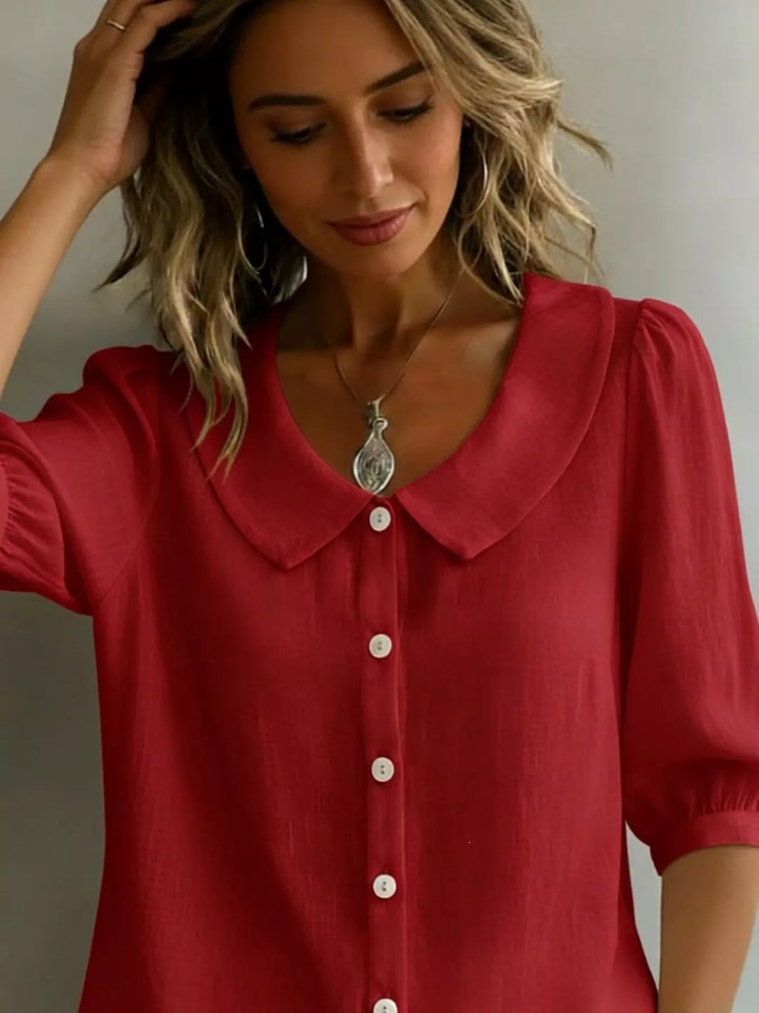 Peter Pan collar button-down blouse with 3/4 sleeves