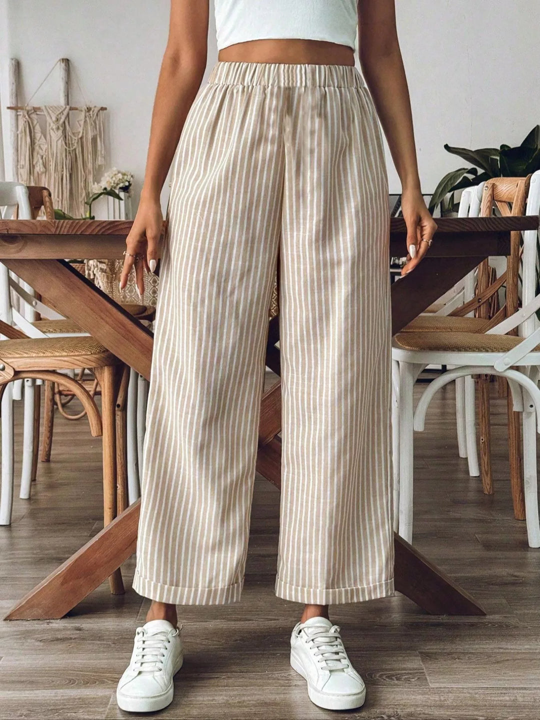 High-waisted pinstripe wide-leg pants with pockets