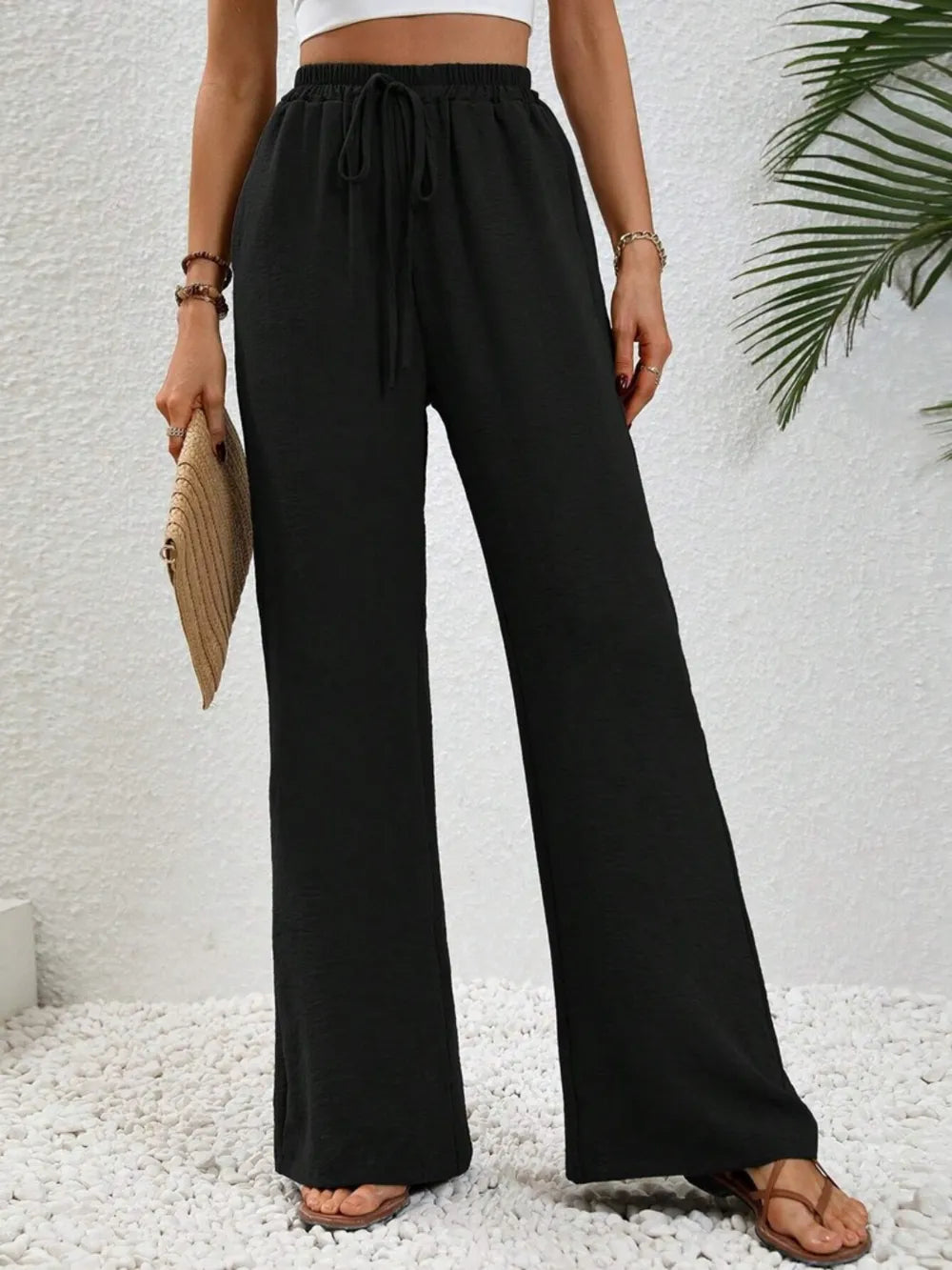 Black High-rise wide leg drawstring pants with pockets