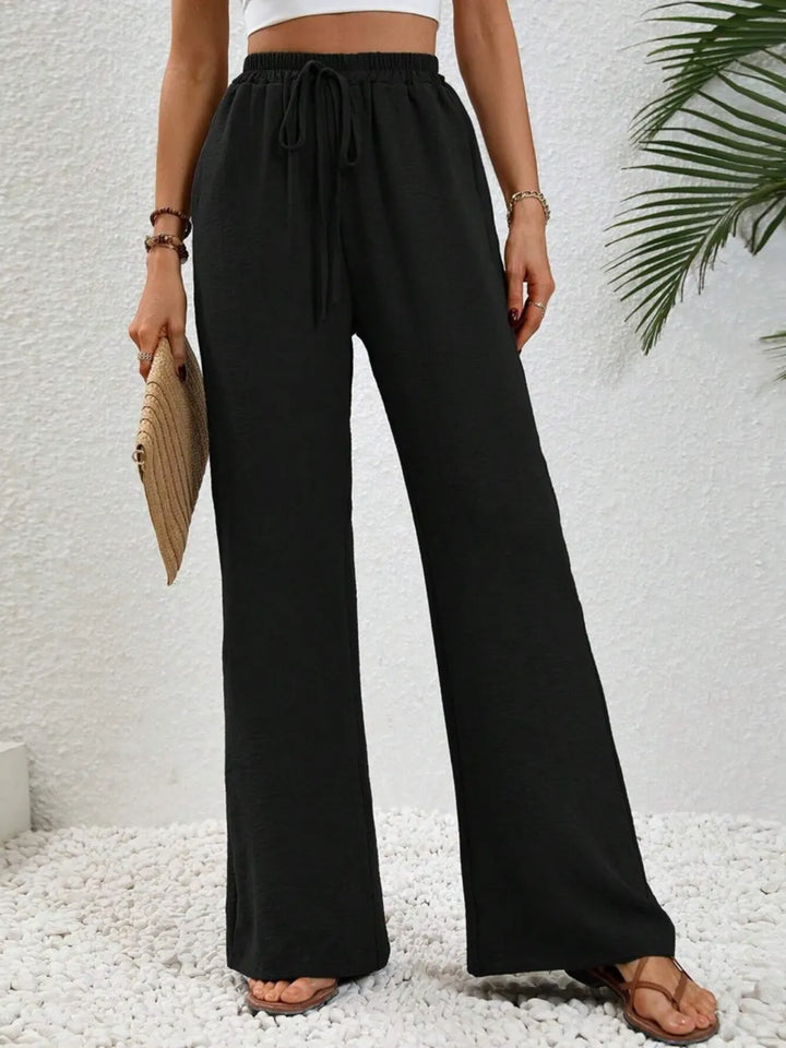 Black High-rise wide leg drawstring pants with pockets