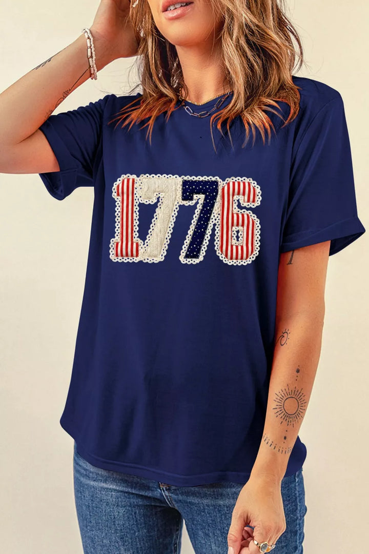 1776 lace-trim flag appliqué crew neck graphic tee