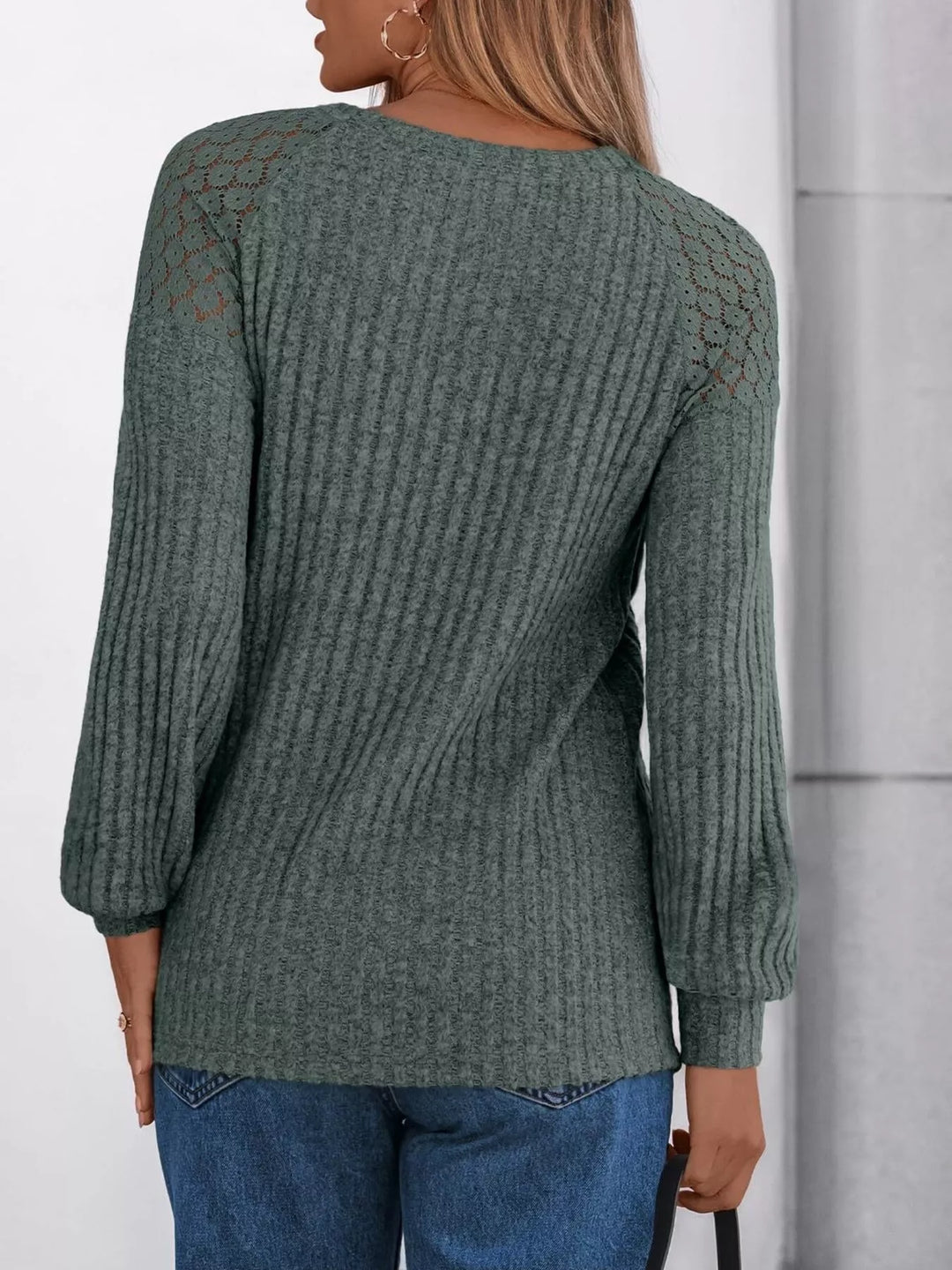 Ribbed knit long sleeve top with lace shoulder detail