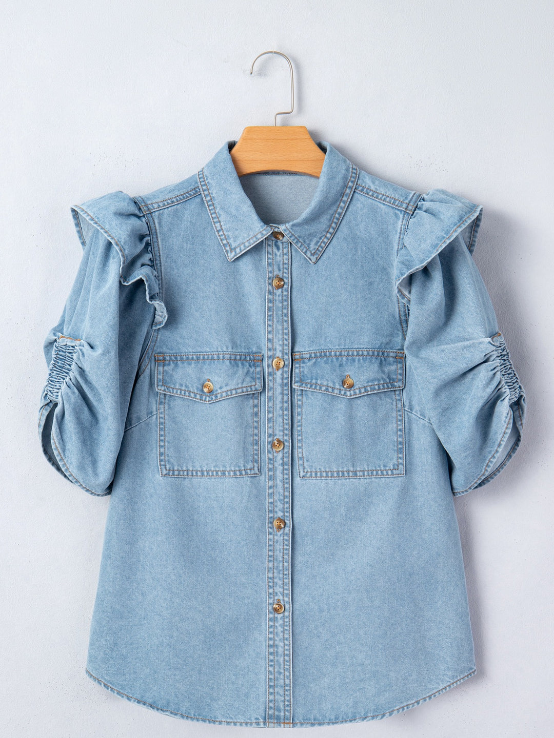 Ruffled cap-sleeve denim button-down shirt with flap pockets