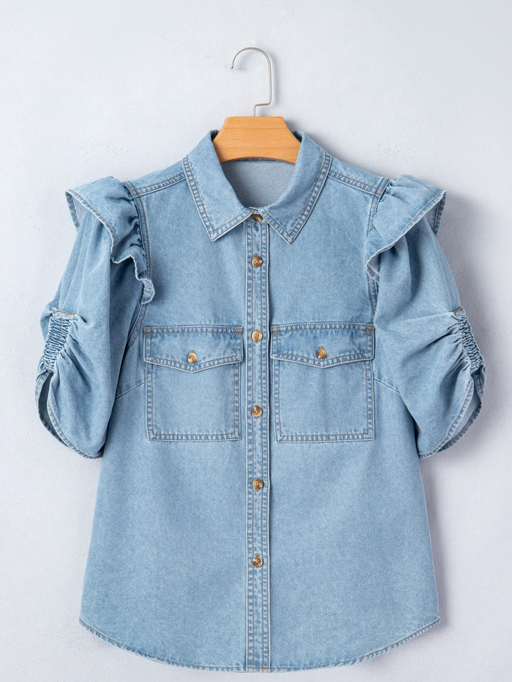 Ruffled cap-sleeve denim button-down shirt with flap pockets