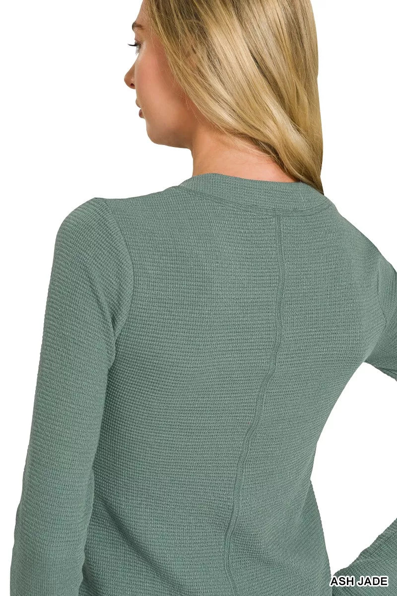 Textured double knit snap button long sleeve top