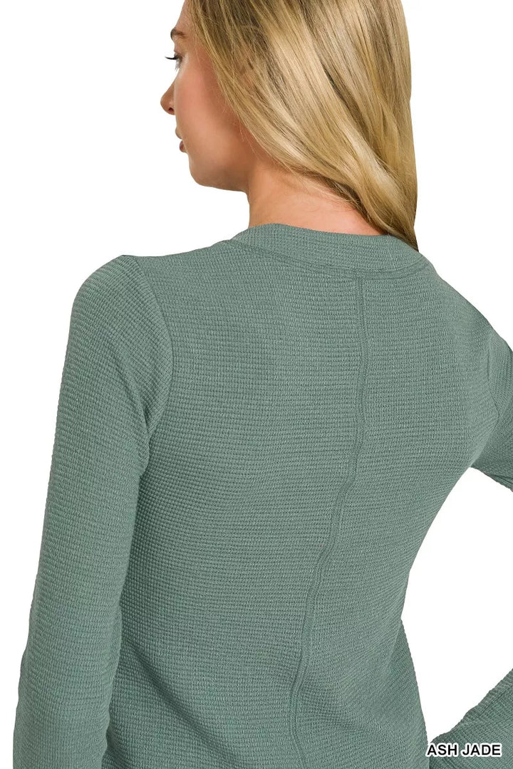 Textured double knit snap button long sleeve top