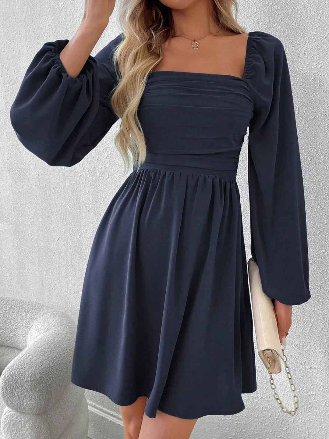 Navy Blue Ruched square-neck balloon sleeve A-line mini dress