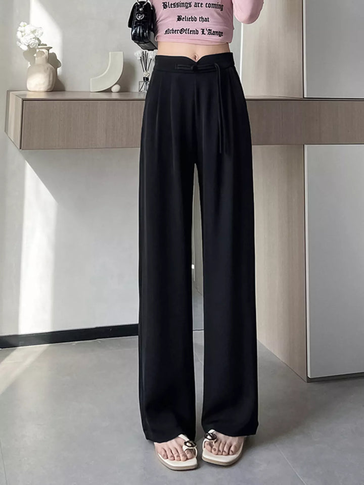 Black High-rise wide-leg pants with pleated front and tie waist