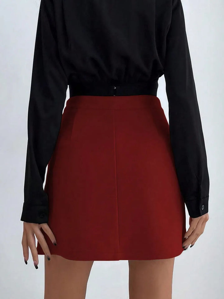 High-rise button-detail A-line mini skirt
