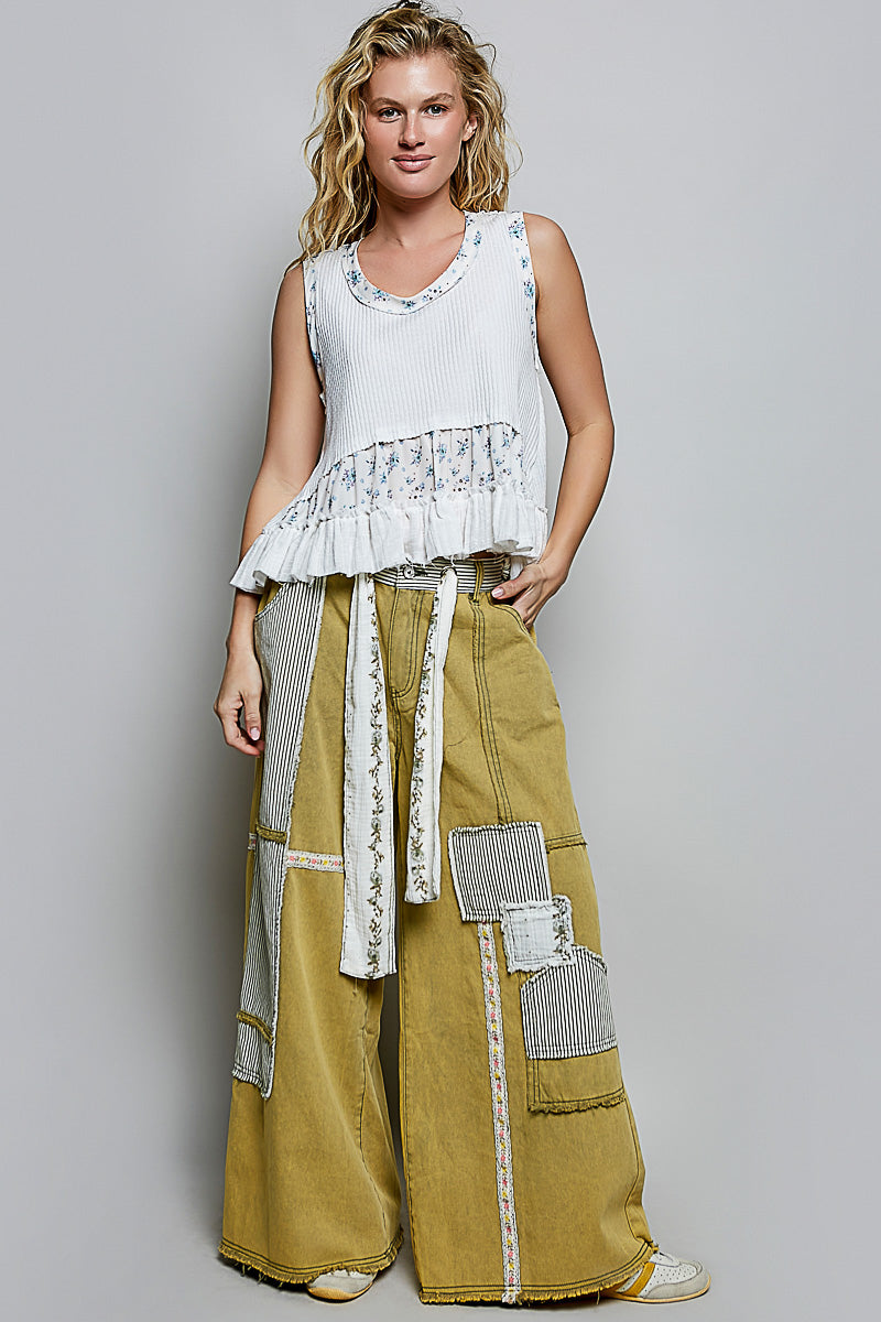 Ribbed tank with floral patch panel and gauze ruffle hem