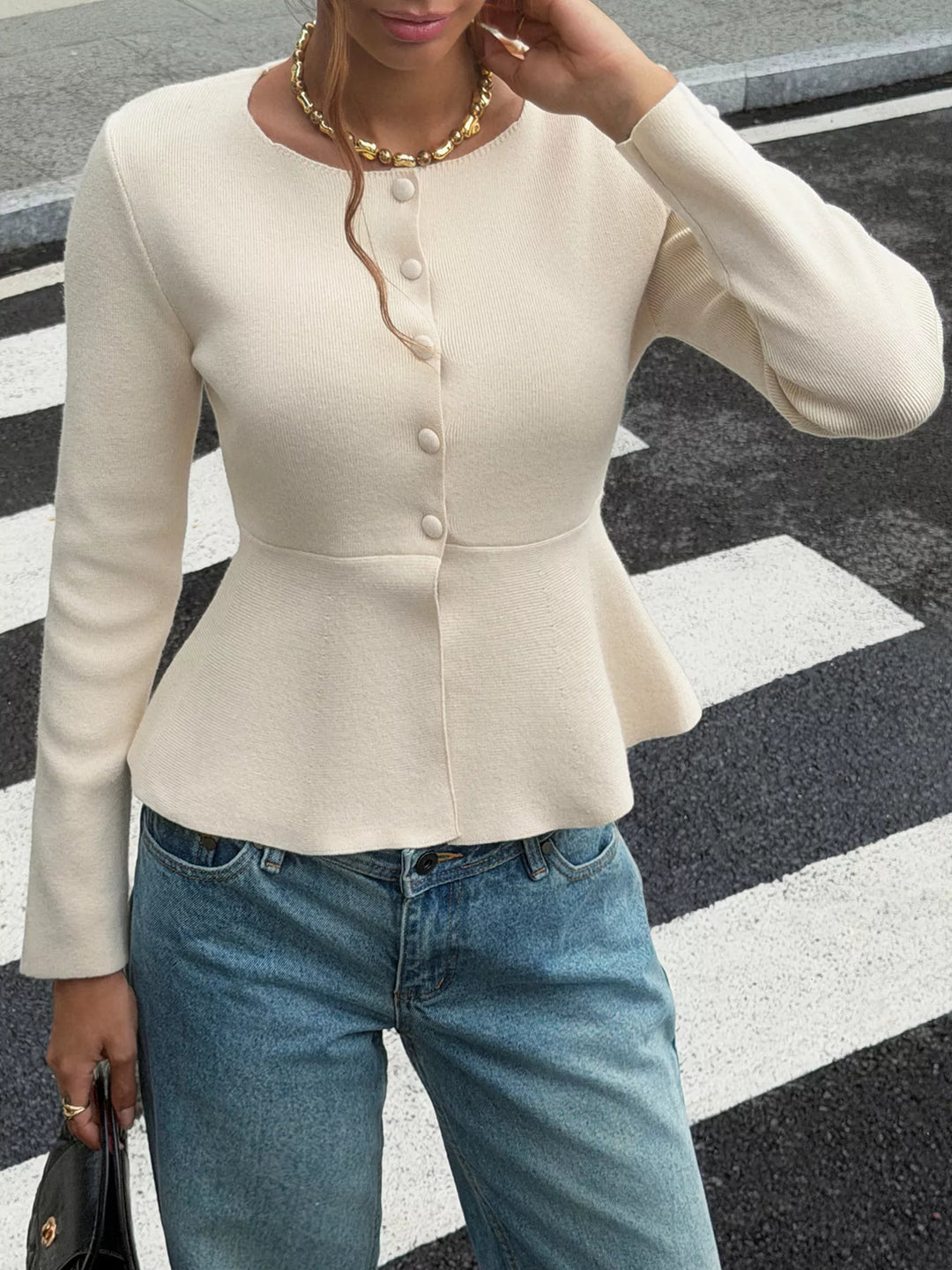 Apricot Color Peplum knit button-up cardigan with scoop neck
